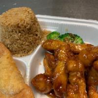 Kids Honey Seared Chicken · Served with honey glaze chicken and 1 pc of crab Rangoon.