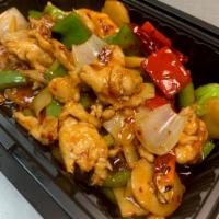 Garlic Sauce · Sweet chili brown sauce, red green bell peppers, white onions, water chestnuts and bamboo sh...