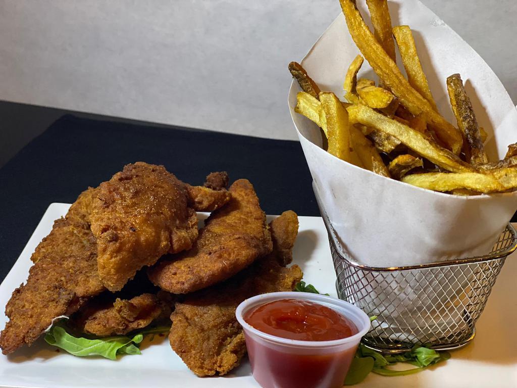 Chicken Tenders · Served with Hand Cut French Fries.