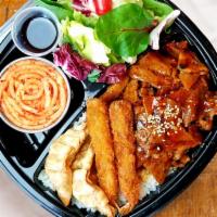 Spicy Pork · Your choice of rice / Protein / Fresh Mixed Salad with our House Dressing / 
2pc Pot Sticker...