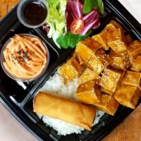 Tofu · Your choice of rice / Protein / Fresh Mixed Salad with our House Dressing / 
Vegetable Egg R...