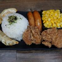 Keiki Meal · Fried chicken, arabiki sausage, fried gyoza, corn, rice, and furikake.