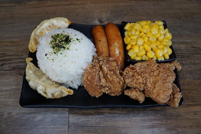 Keiki Meal · Fried chicken, arabiki sausage, fried gyoza, corn, rice, and furikake.