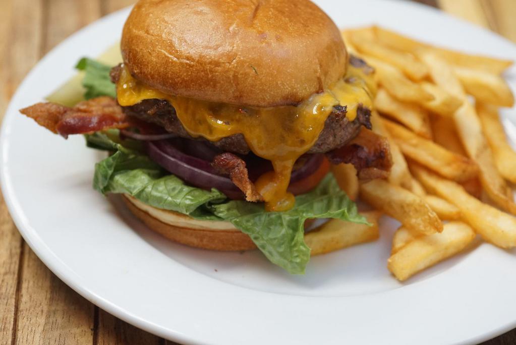 Portofino Burger with Fries · Aged cheddar, bacon, lettuce, tomato and red onion.