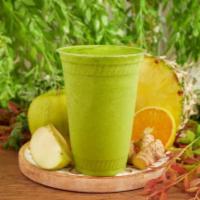 Wellness Smoothie · Green grape, green apple, pineapple, orange juice, ginger, wheatgrass, kale, spinach, flaxseed