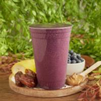 PB&J Smoothie · Blueberry, organic peanut butter, date, flaxseed, banana and almond milk.