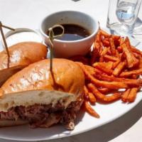 French “Prime” Dip · Thinly sliced prime grade rib, french roll, au jus, creamy horseradish & fries.