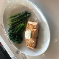 Atlantic Salmon · Grilled broccolini, asparagus & garlic butter.
