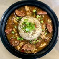 gumbo · Chicken, andouille sausage, onions, bell pepper, celery, rice.