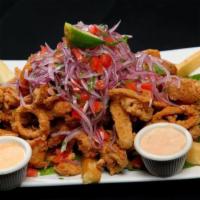 Jalea Mixta · Jalea mixed seafood deep fried.