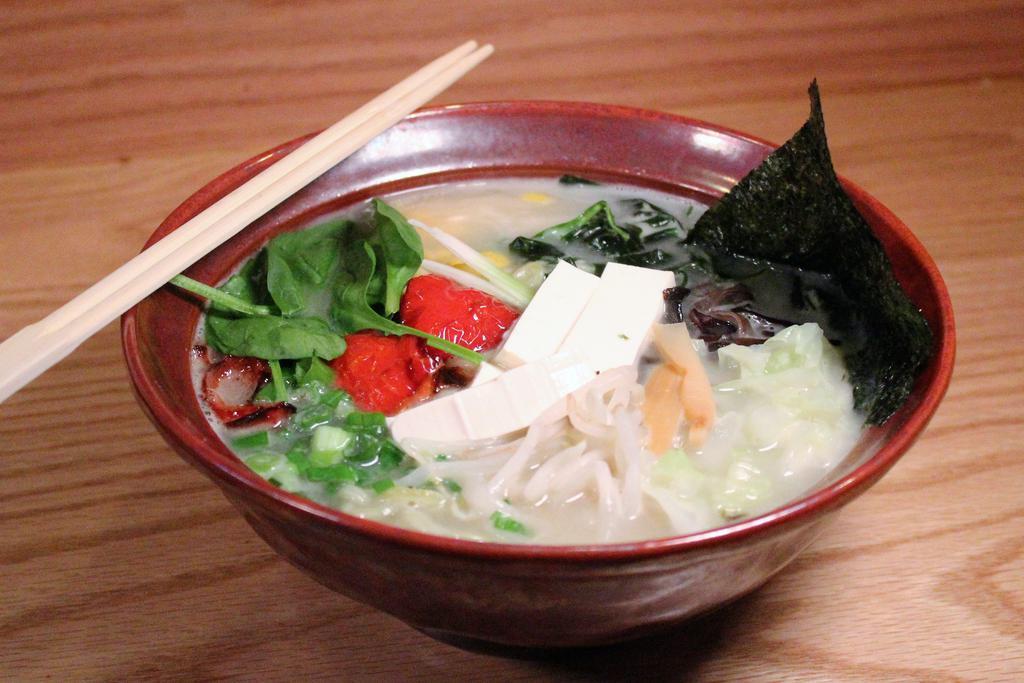Vegetarian Ramen · Veggie broth, tofu, cabbage, corn, bell peppers, spinach, bean sprouts and scallions.