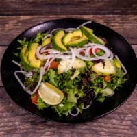 Ensalada Mixta · Mixed Salad. lechuga, pepino, tomate, aguacate and cebolla. Green leaf lettuce, cucumbers, t...