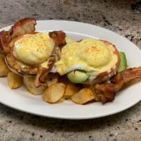 California Benedict · 2 poached Eggs Over Bacon, Tomato, avocado on English Muffin, Topped with Hollandaise Sauce ...
