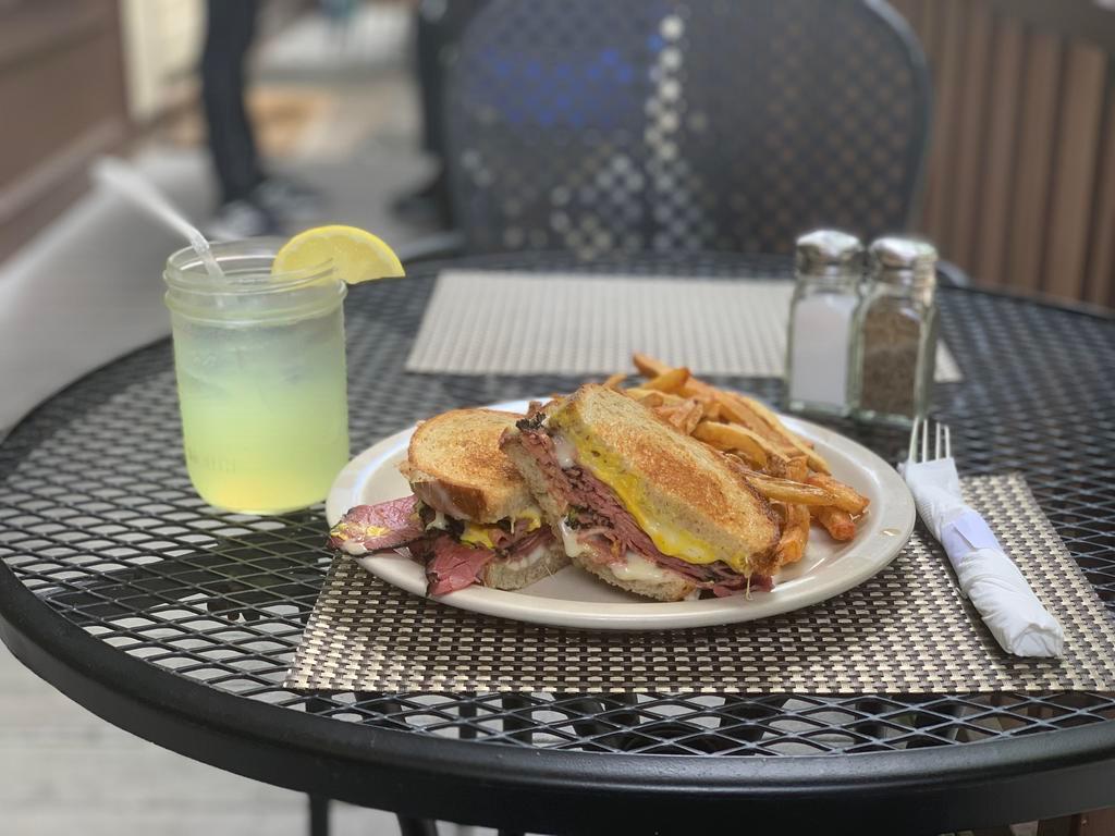 Thinly Hot Pastrami · Toasted Rye Bread, Swiss Cheese, dijon Mustard with fries or salad