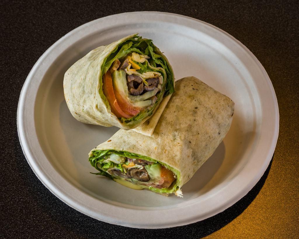 Veggie Wrap · Lettuce, tomatoes, avocado, red onions, cucumbers, mushroom, black olive, sprouts, cheddar and pepper jack cheese with honey mustard sauce wrapped in a tortilla.  