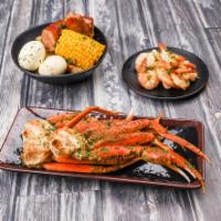 1. Krab and Shrimp Platter · 2 krab clusters, 10 shrimp, sausage, corn, egg and potatoes.
