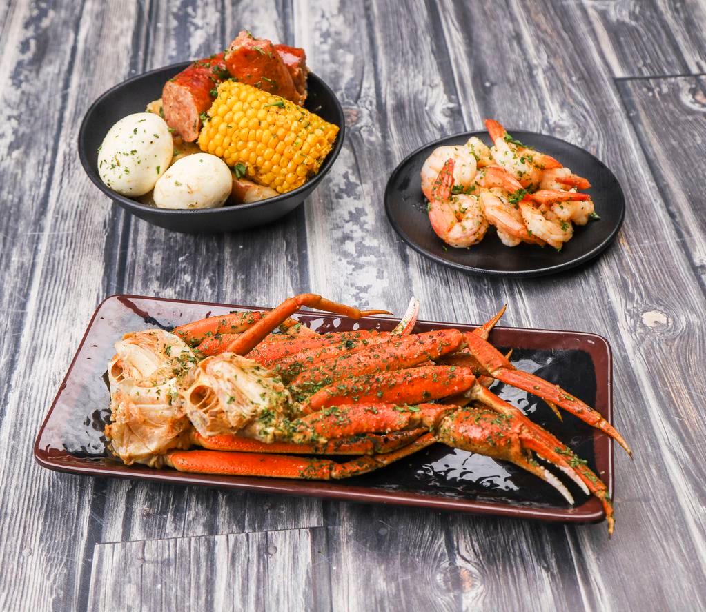1. Krab and Shrimp Platter · 2 krab clusters, 10 shrimp, sausage, corn, egg and potatoes.