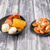 3. Large Shrimp Platter · 15 shrimp, sausage, corn, egg and potatoes.