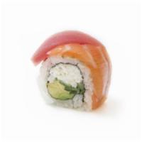 S9. Rainbow Roll  · California roll topped with salmon, tuna, snapper shrimp.