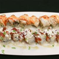 Texas Ranger Roll · Shrimp tempura, crab meat, avocado on the inside and torched scallop, eel sauce, spicy mayo ...