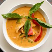 27. Panang Curry · Bell peppers, sweet basil, peas and diced carrots. Medium spice.