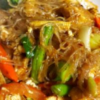 42. Pad Woon Sen · Glass noodles, eggs, tomatoes, onions, celery, mushrooms, baby corn, broccoli, carrots and c...