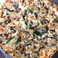 Spin-Art Pizza · Spinach, artichoke, mushroom on our house-made white sauce
