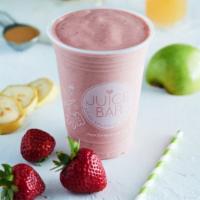 PB&J Smoothie · A nostalgic lunch box flavor! Apple juice, peanut butter, avocado, strawberries, and bananas.