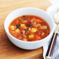 Fire Roasted Vegetable Soup · A delicious blend of carrots, green beans, zucchini and yellow squash, onions, red bell pepp...