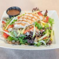 Hooligan Summer Salad · Organic Mixed greens topped with candied walnuts, bacon, bleu cheese crumbles, strawberries ...