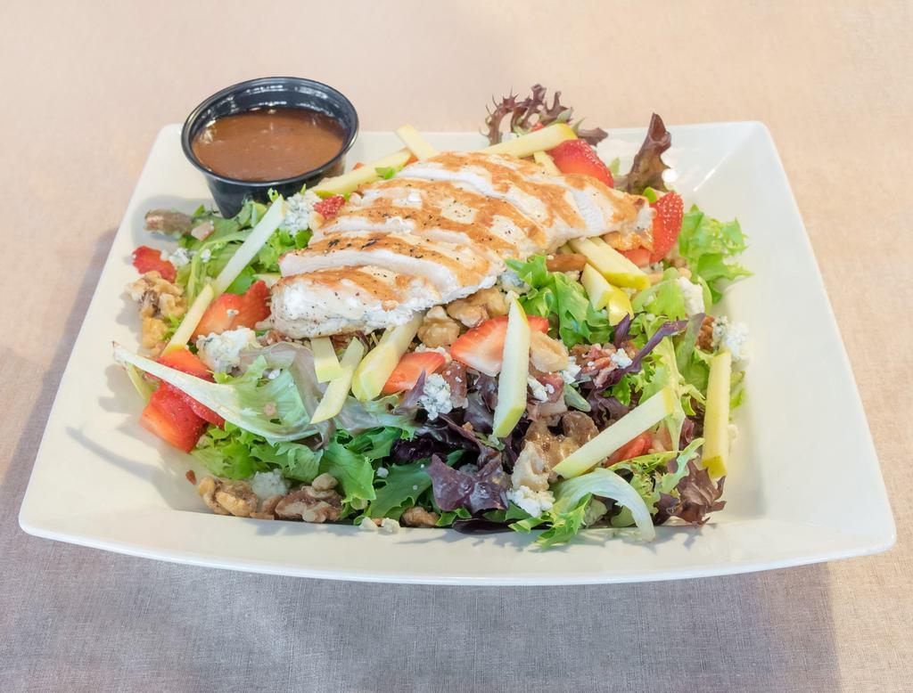 Hooligan Summer Salad · Organic Mixed greens topped with candied walnuts, bacon, bleu cheese crumbles, strawberries and a grilled chicken breast. Served with our house made red balsamic vinaigrette.