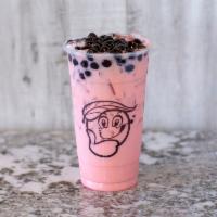 FM4. Strawberry Milk Tea with Boba · 24 oz. strawberry flavor in organic black tea base. Topping with honey boba. Serving in larg...