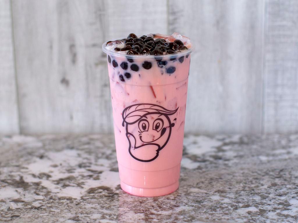 FM4. Strawberry Milk Tea with Boba · 24 oz. strawberry flavor in organic black tea base. Topping with honey boba. Serving in large cup.