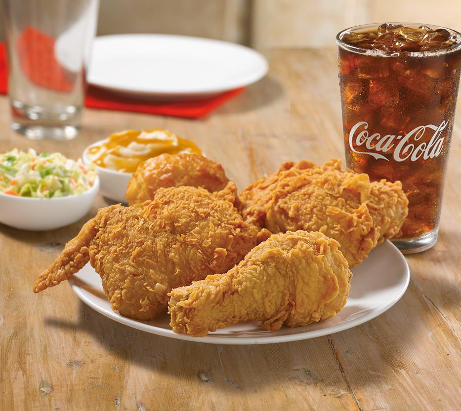 3 Piece Mixed Chicken Combo · Three pieces of Mixed Chicken with two regular sides, one Honey-Butter Biscuit, and a large drink.