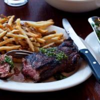 New York Strip · served with chimichurri or green peppercorn, fries or mixed greens