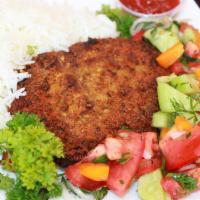 Armenian lunch platter · Beef cutlet, rice,  Armenian salad + canned soda