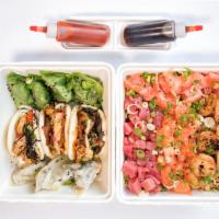 SEAFOOD  · For 4-5 people. 
1st Box: 3 proteins - raw tuna, raw salmon, grilled shrimp & ginger. 
2nd B...