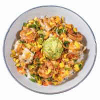 Gangnam Bowl · Grilled Shrimp and Chicken, corn, spicy kimchi aioli, avocado, scallion, pickled radishes an...