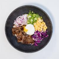 (WINTER SPECIAL) SMOKED GALBI 훈제갈비 · apple wood smoked beef Galbi, red onion, red cabbage, poached egg, Korean bbq sauce, scallio...