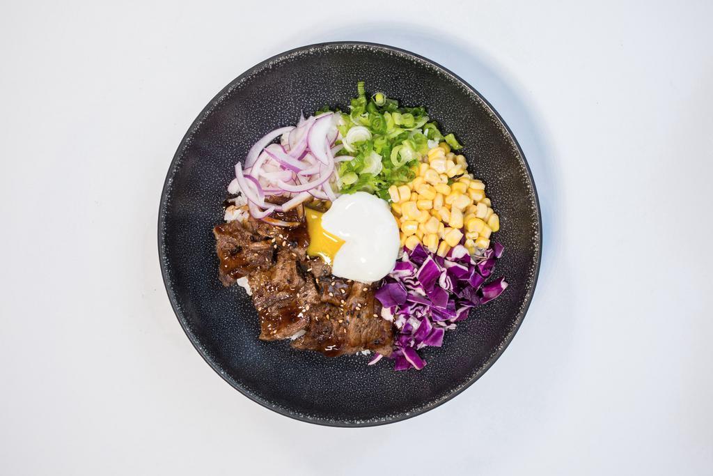 (WINTER SPECIAL) SMOKED GALBI 훈제갈비 · apple wood smoked beef Galbi, red onion, red cabbage, poached egg, Korean bbq sauce, scallion, corn, sesame seeds