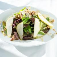 Honey Pear Salad · Organic mixed greens with crushed walnuts, gorgonzola cheese and pear drizzled with honey an...