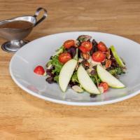 Apple Almond Salad · Mixed greens, tomatoes, almonds, pecans, raisins and green apples tossed with balsamic vinai...