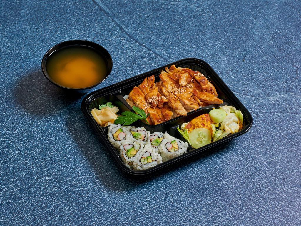 P01. Chicken Teriyaki Platter · Served with California roll, salad and white rice.