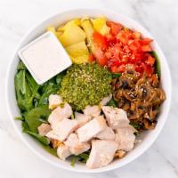 Gluten-Free Pesto Cowboy Salad · Spinach, artichokes, tomatoes, sauteed mushrooms, pesto, sesame seeds, vegan ranch dressing....