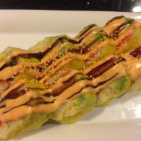 Danielle Roll · Spicy crunchy tuna and spicy crunchy salmon with avocado, wrapped in soy bean paper.