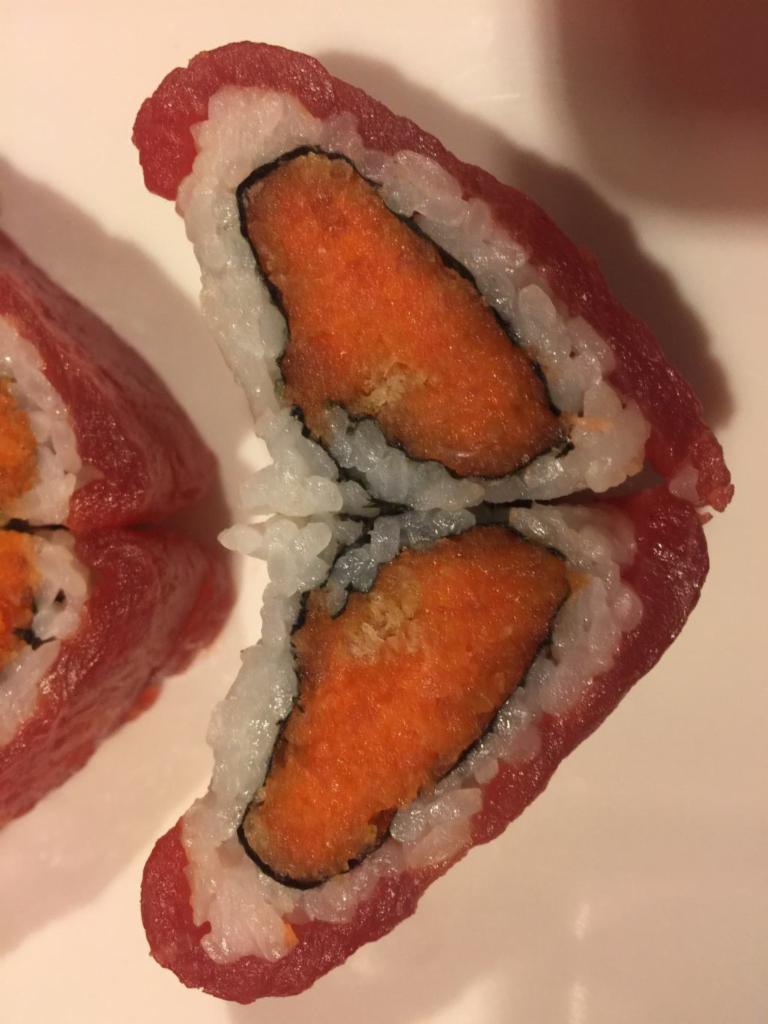 Sweet Heart Roll · Spicy tuna crunchy inside with fresh tuna on top.