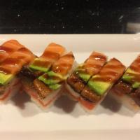 Tomo Eel Baguettes · Spicy crunch and tuna inside, topped with eel, salmon and avocado.