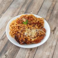 Chicken Parmigiana · Lightly breaded, red sauce and mozzarella cheese. Includes side order of spaghetti pomodoro.