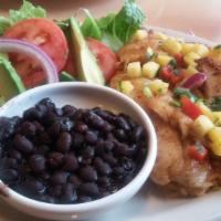 Tilapia Mexicana · 2 Seasoned grilled tilapia fillets grilled on our plancha and topped with fresh mango salsa ...