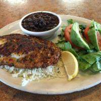 Grilled Tilapia · 2 Seasoned skinless tilapia filets grilled on a plancha and served over a bed of our cilantr...